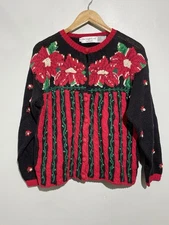The Eagles Eye Vintage Sweater Size Medium Cardigan Christmas Holiday Black Red