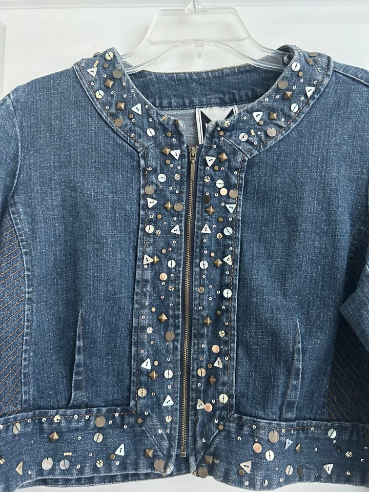 Chaqueta vaquera vintage Marc Bouwer para mujer LG recortada con cuentas cremallera completa boho glamuroso Foto 2 de 4