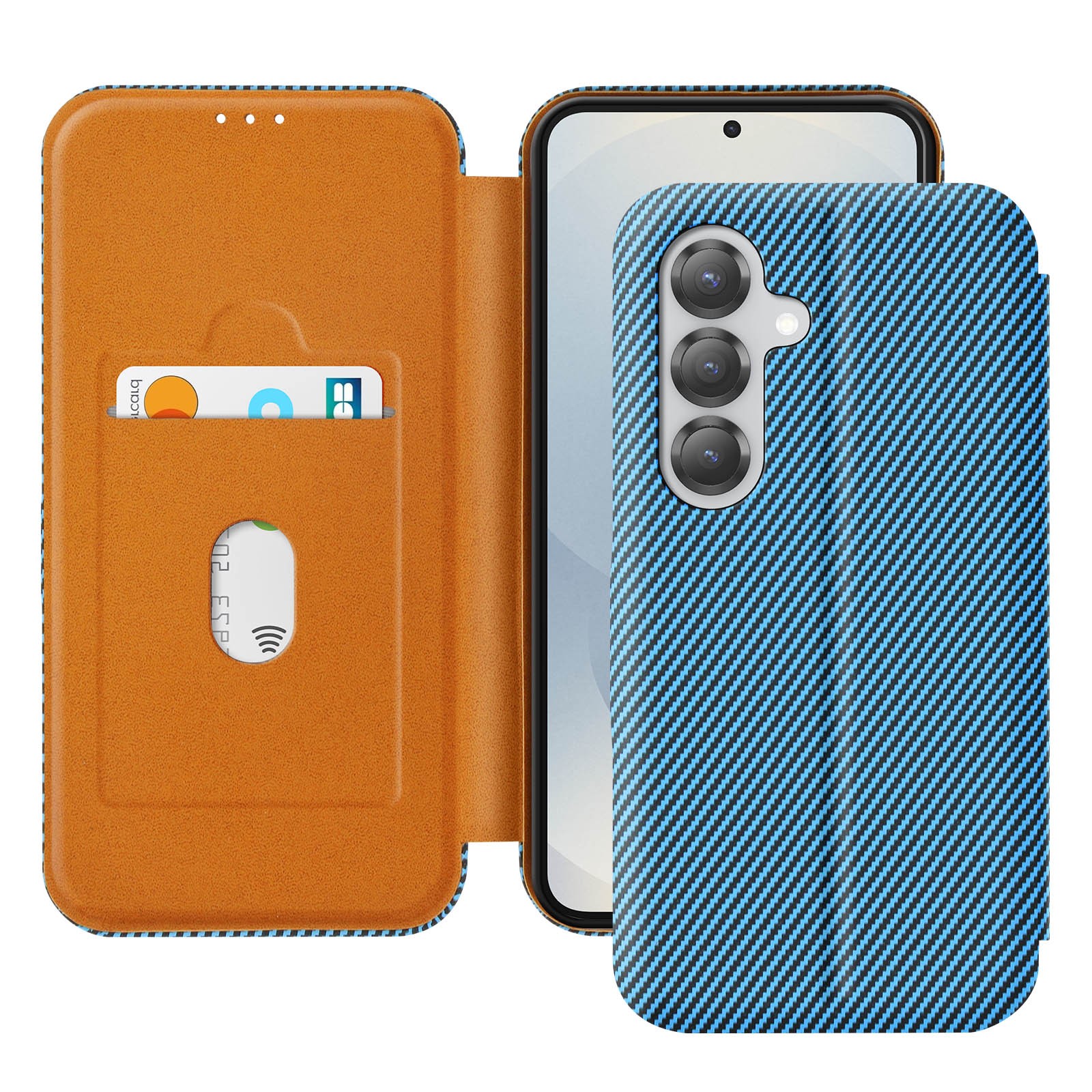 Coque S25 Plus anti-RFID bleue en carbone protégeant vos cartes avec béquille