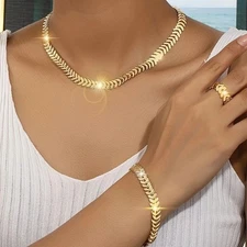 Golden Ring Bracelet Necklace Set Women's Alloy Fashion Jewelry Set Gift