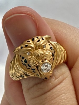 Carrera y Carrera 18K Yellow Gold Diamond Panther Head Ring Size 6.75 (EU 53)