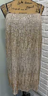 H&M Sparkly Dress Lined Sequined Mesh Square Neck Fringed Hem Sz L Silver  Gold | eBay