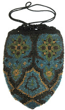 Antique Early 1900s Black Blue Beaded Purse Pouch Reticule Bag Handbag 1920s
