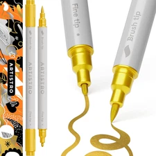 2 Gold Dual-Tip Acrylic Paint Pens - Multisurface Metallic Markers for Glass, Ro