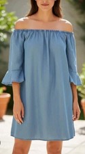 Forever 21 Womens Chambray Off Shoulder Dress 3X Coastal Cowgirl Beach Peasant
