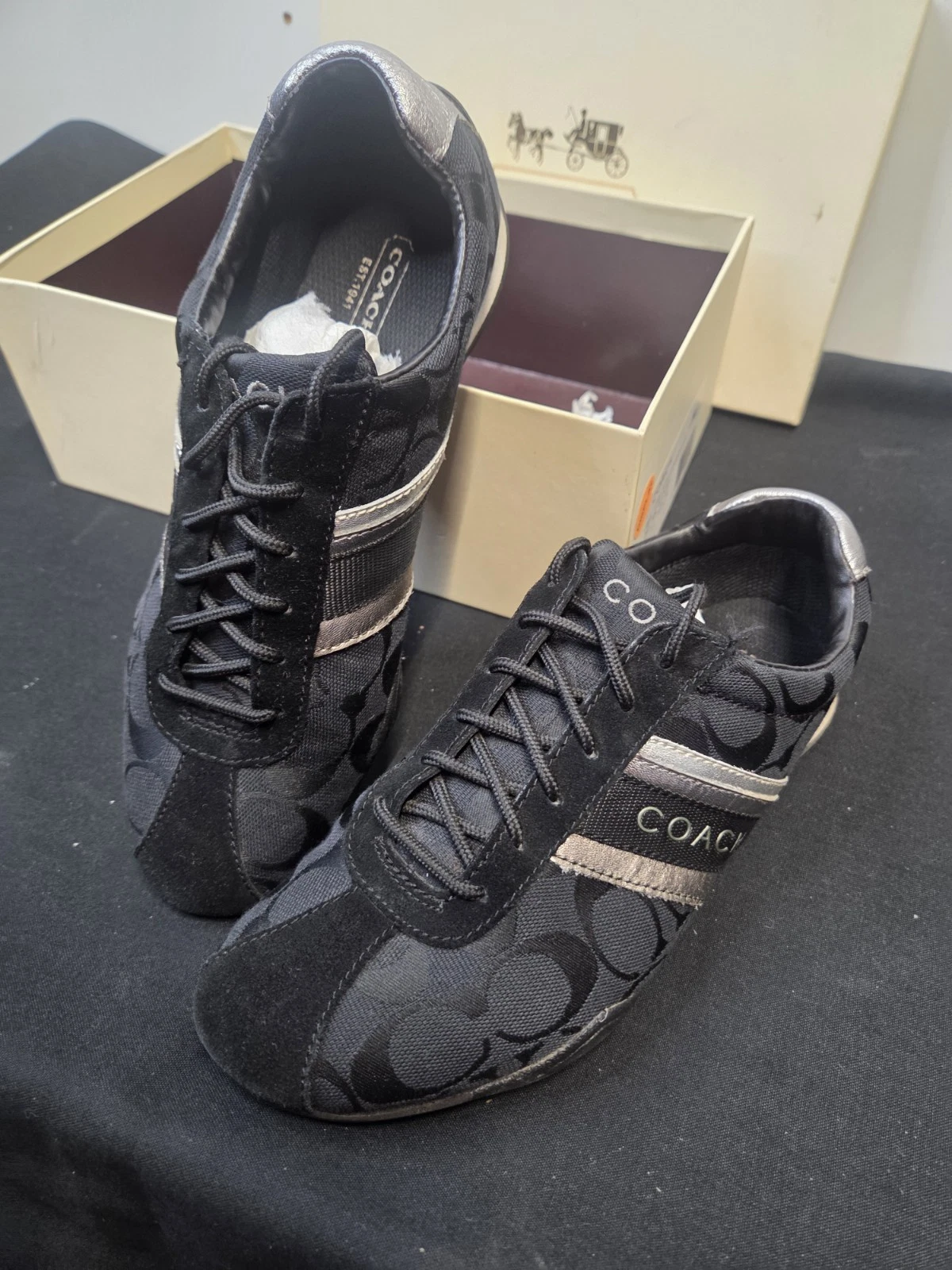 Womens COACH Jayme Sneakers Suede Athletic Black Silver Sz 7.5 with box