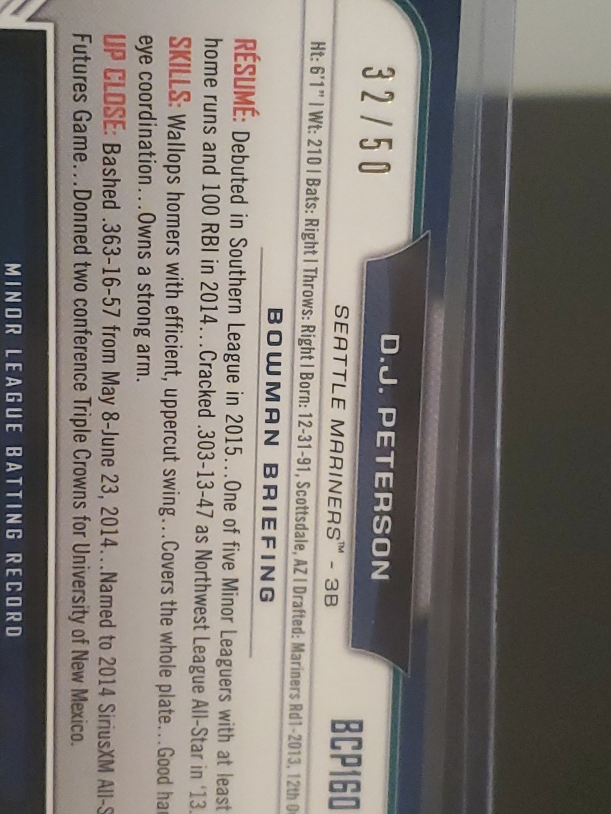 2015 Bowman Chrome - Prospects D.J. Peterson #BCP160 Gold Refractor /50 (RC) view 4