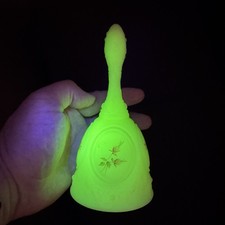 Fenton Uranium Custard Glass Bell Hand Painted Roses Signed Glow Vaseline 7”