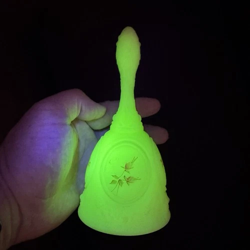 Fenton Uranium Custard Glass Bell Hand Painted Roses Signed Glow Vaseline 7”