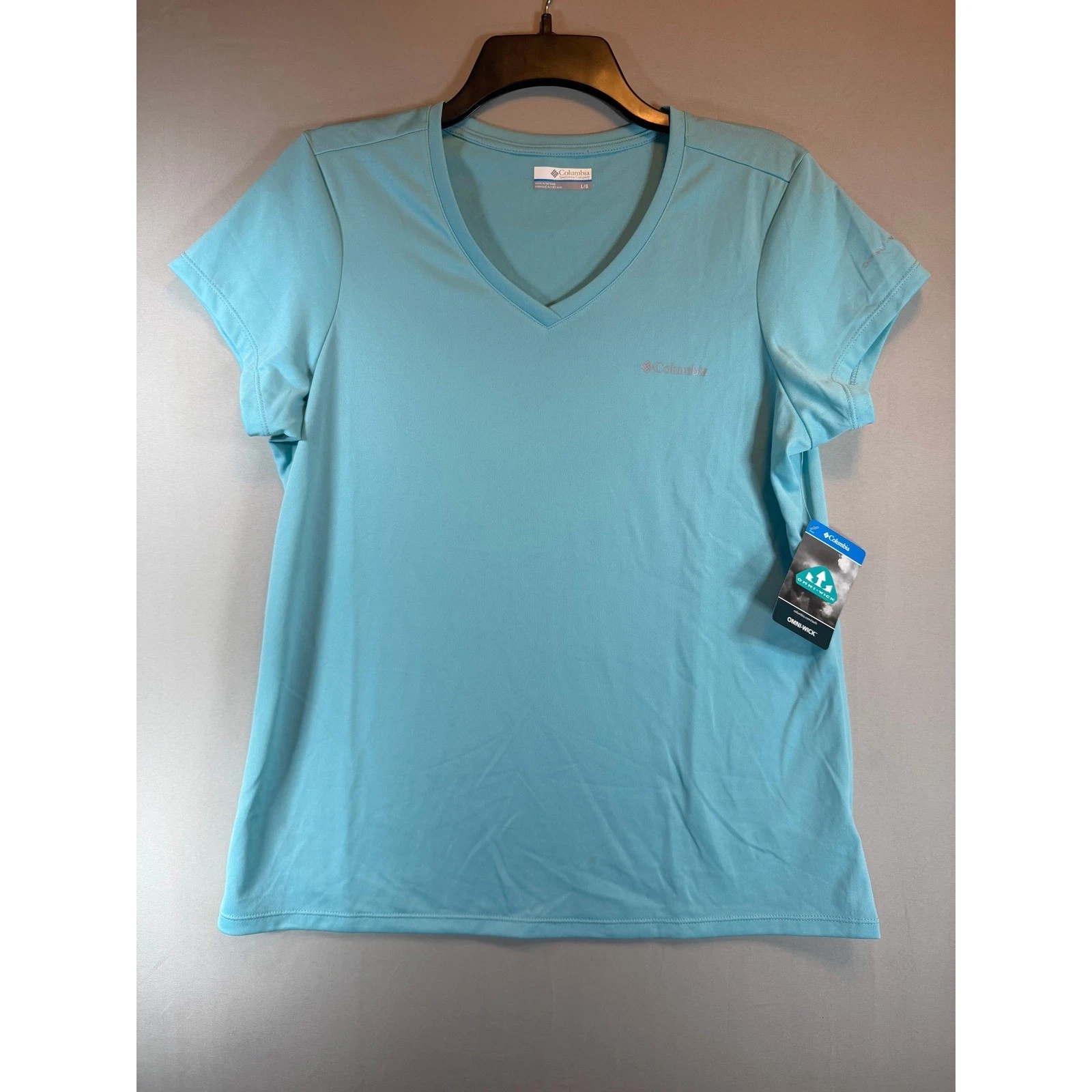Columbia Omni-Wick Womens V-Neck T-Shirt Blue Short Sleeve Active Top L NWT