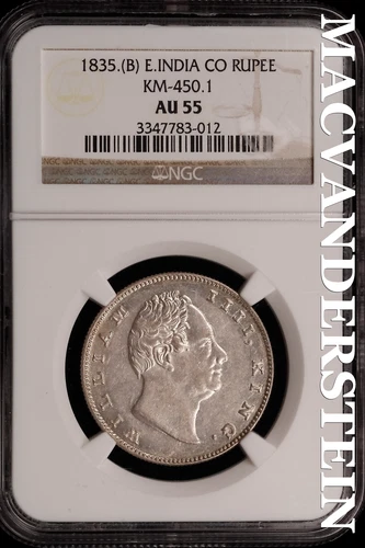 India: 1835.(B) EIC Rupee - KM-450.1  NGC AU 55 - Scarce  No Reserve  #SLi460