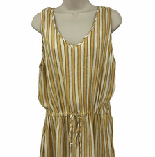 Drew Striped Dress Womens Size L Mustard Yellow Cream Linen Blend Raw Hem