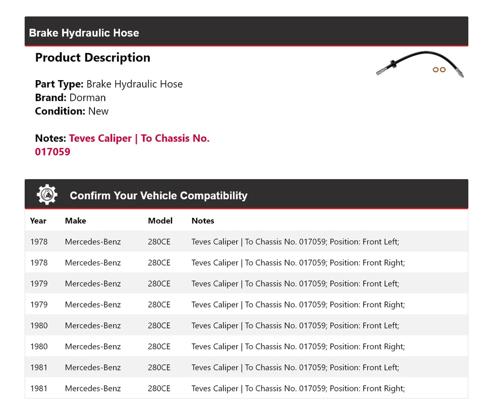 Manguera hidráulica de freno Dorman 1979 1980 para Mercedes-Benz 280CE 1978-1981 Foto 2 de 4