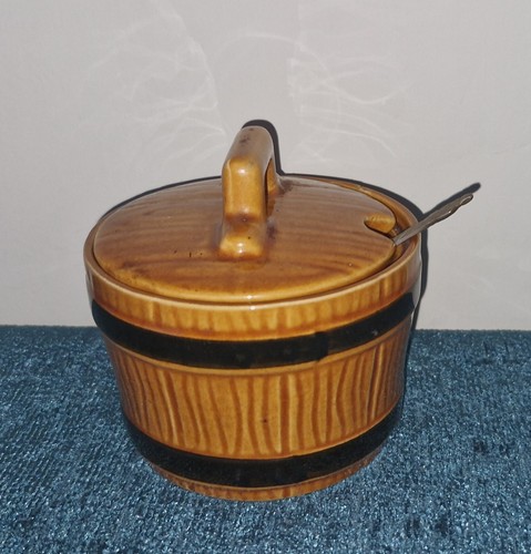 Vintage Ceramic Lidded Barrel Shape Lidded Pot Sauce Treacle Brown with Spoon