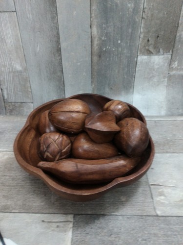 Vintage Monkey Pod Philippines Hand Carved Wooden Bowl and 10 Pieces of Fruit