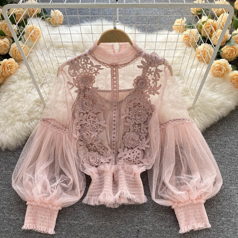 PCS Women T-shirt&tank Top Sets Lace 3D Floral Mesh Puff Sleeve Blouse - Main Image