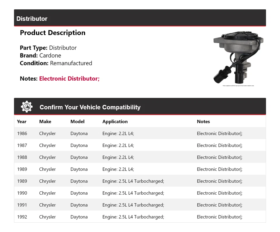 Para Chrysler Daytona 1986-1992 Distribuidor Cardone 1987 1988 1989 1990 1991 Foto 2 de 4