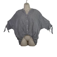 Ellison Stripe Button-Up Cropped Top Black/Blue Women Size S Short Sleeve FLAW 