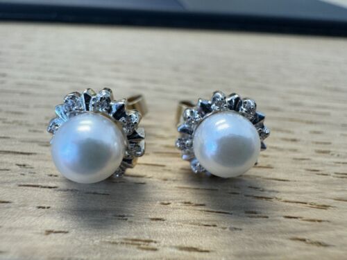 GIA Vintage Saltwater Pearl White Diamond Earring… - image 1