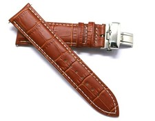 20 22 24mm Brown/White Alligator Grain Leather Watch Strap W/ Push Button Clasp