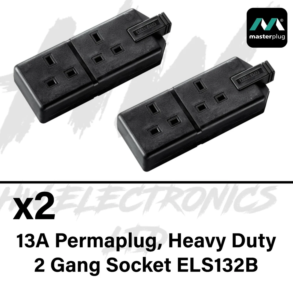 2 x Permaplug Black 2 Gang 13A Hard Rubber Heavy Duty Trailing Extension Socket
