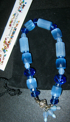  GORGEOUS  ONE OF A KIND BLUE CRYSTALS & GLASS DANGLING BRACELET BY T. BURKE 