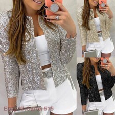 Sequin Open Front Jacket Women s Blazer Coat Long Sleeve Ladies Outwear Tops