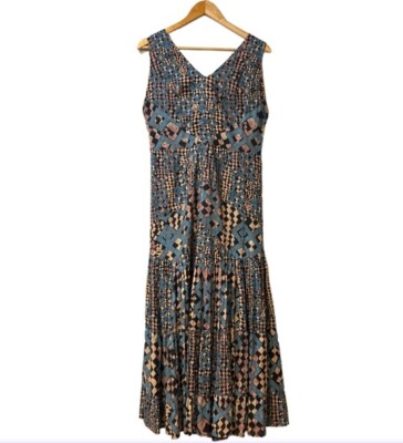 Anthropologie Let Me Be Flounced Women s Maxi Dress Size Large Geometric Print