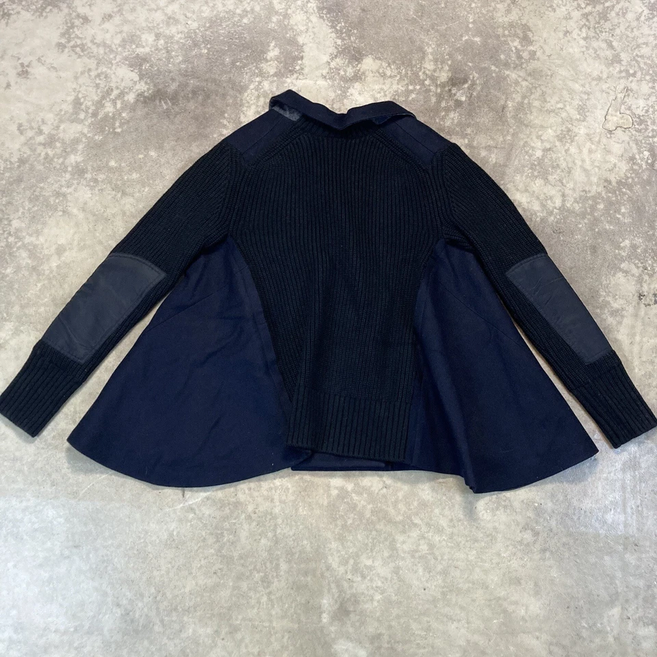 Sacai Coat Womens Medium Navy Black Military Knit Wool Draped Back Double Breas - Image 4 of 4