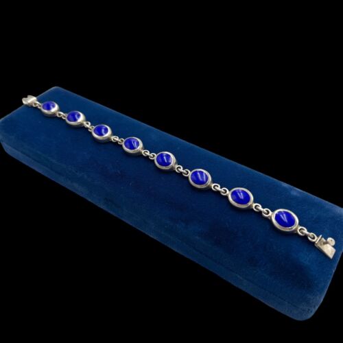 Ancien bracelet vintage déco rétro argent sterling TAXCO faux lapis-lazuli 22,2 g - Photo 1/3