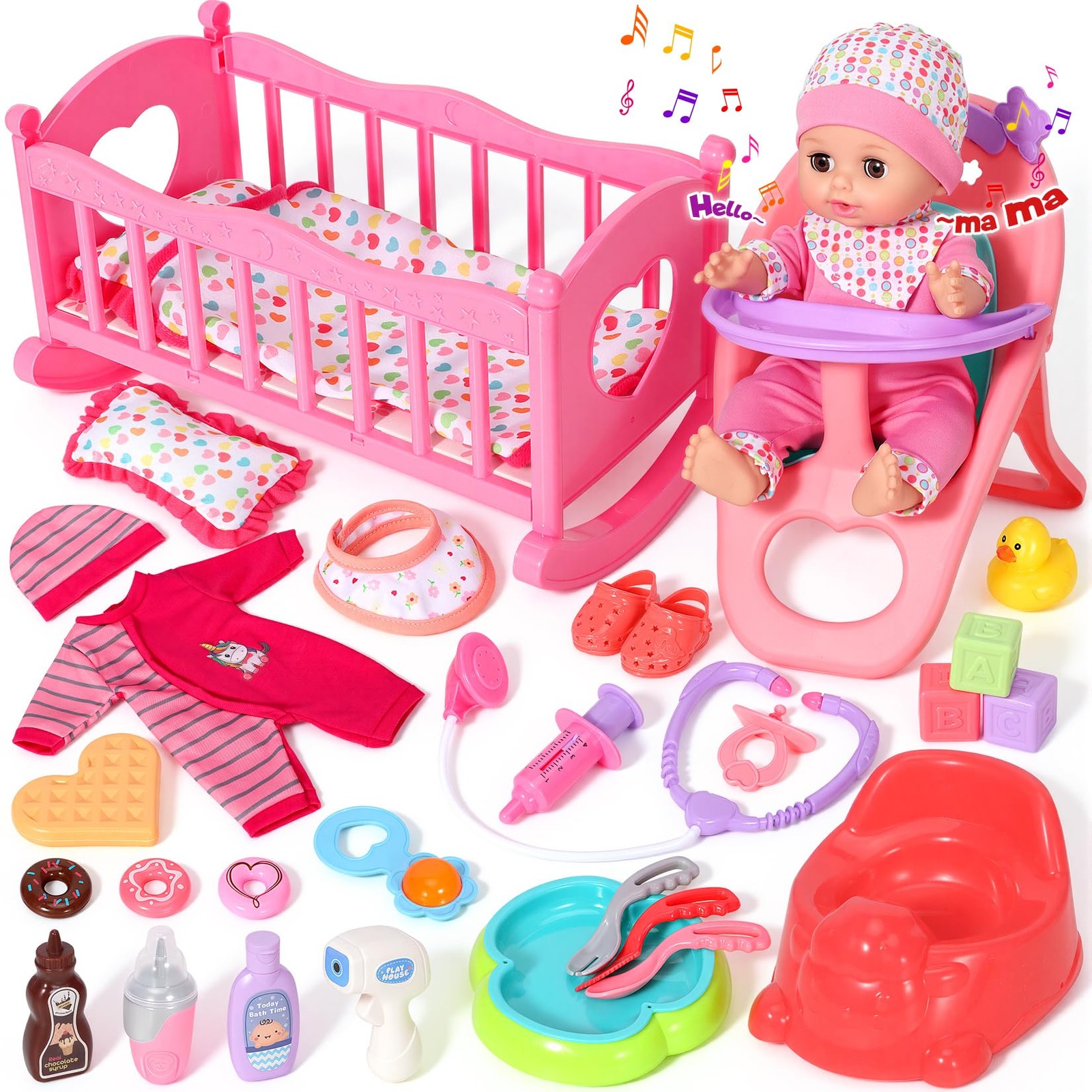12'' Baby Doll Set with Crib and High Chair, Interactive Vin