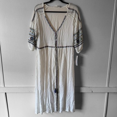 Goodnight Macaroon Embroidered Boho Peasant Maxi Tiered Dress Button SZ M NWT