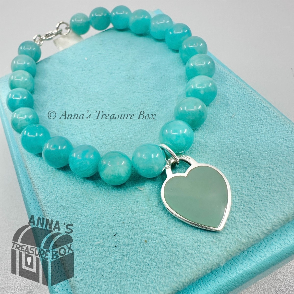 Tiffany & Co. 925 Silver 8mm Amazonite Blue Heart 7.5