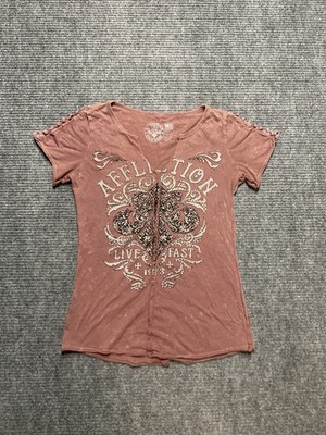 Affliction Womens T Shirt Medium Red Rhinestones Y2K Grunge Goth Emo