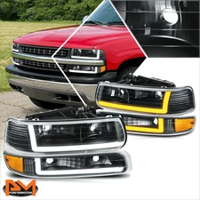 For 99-06 Silverado Suburban Tahoe L-Shape LED Switchback Headlights Black/Amber