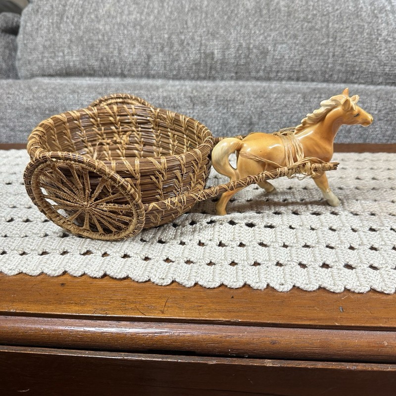 Vtg Enesco Wicker Weave Horse Cart Carriage Planter Jardiniere Mantel Decor READ