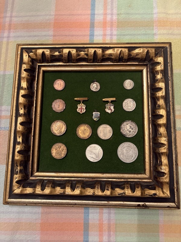 Framed Collection Of Vintage European Coins & Mini Souvenir Pins. Decor Only