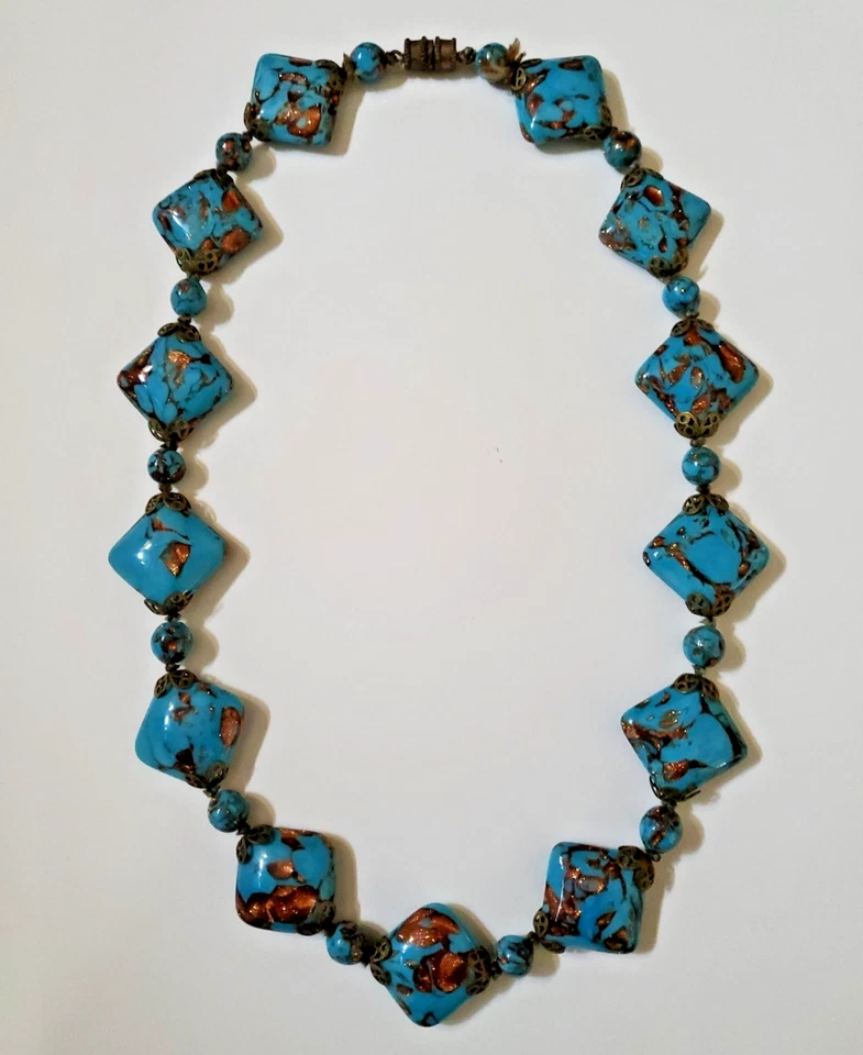 European Turquoise Glass Bead Necklace & Earrings Gorgeous Colors - Image 3 of 4