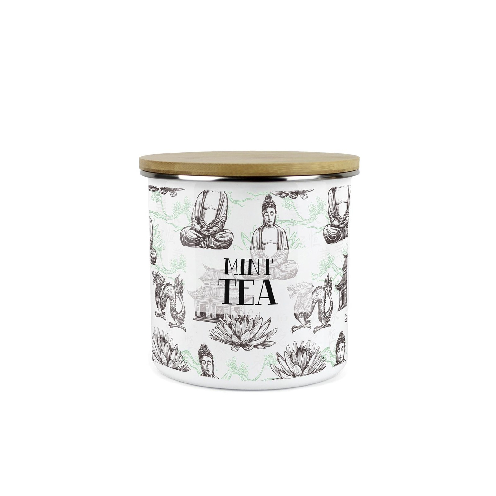 Mint Tea Storage Canister - Asian Scenes Green Enamel Kitchen Container Gift