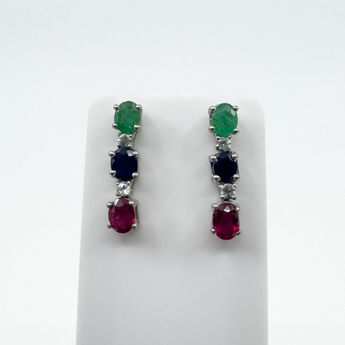 Stunning 1.20ct Emerald Sapphire & Ruby Drop Earrings in Sterling Silver - Picture 2 of 11