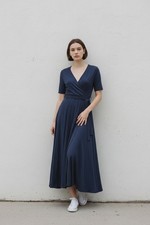 Quince V-neck Wrap Maxi Dress Womens M Navy Blue S/S Casual Workwear Tencel NWT