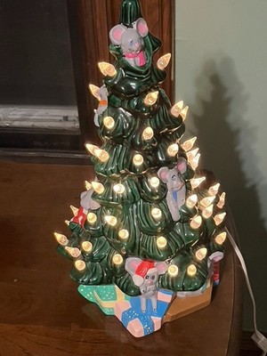 OOAK Vintage Ceramic Christmas Tree With Mice & Gifts Hand Painted W/ Light