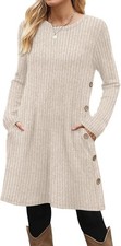 OFEEFAN Fall and Winter Tunic Dress with Pockets Long Sleeve Crew Neck Buttons