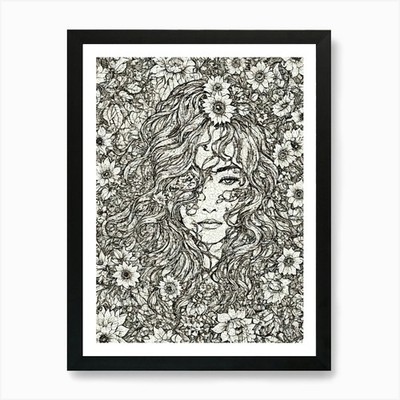 Mädchen in Blumen, Sonnenblume Kunstdruck gerahmtes Wandbild Poster Leinwanddruck Bild