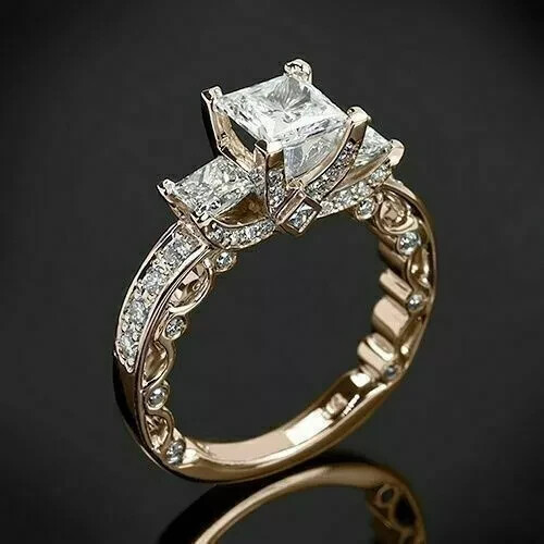 Princess Cut Lab Created Diamond Three Stone Wedding Engagement 925 Silver Ring - Picture 1 of 7