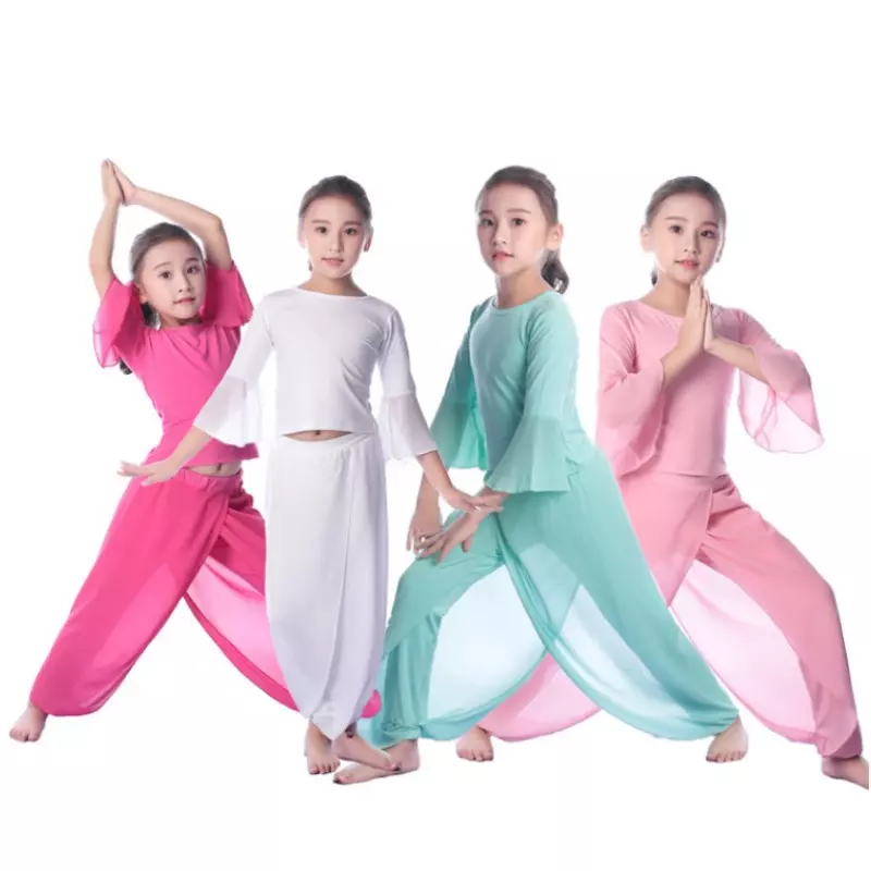 Girls 2 Piece Dance Outfits Ballet Yoga Pants Set Flared Sleeves Practice