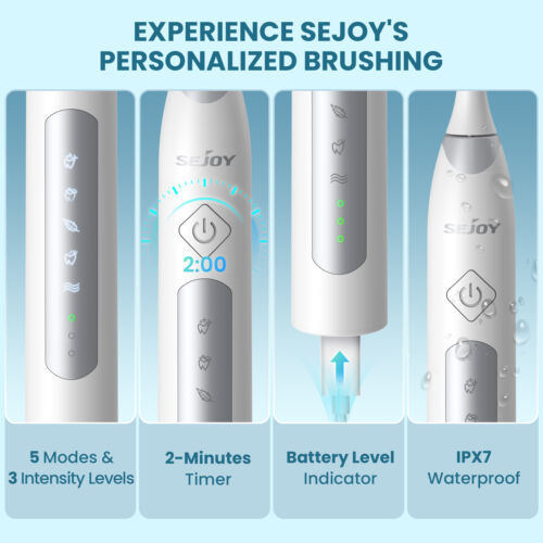 SEJOY Sonic Electric Toothbrush Rechargeable Travel Case 5 Modes 10 Brush Heads - Picture 8 of 17