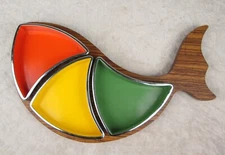 Wooden Fish 3 Piece Melamime Plastic Serving Dish Vintage Mid Century Modern