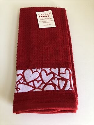Casaba Kitchen Towel Set 100% Cotton Valentine Red Hearts   Set of 2 NWT