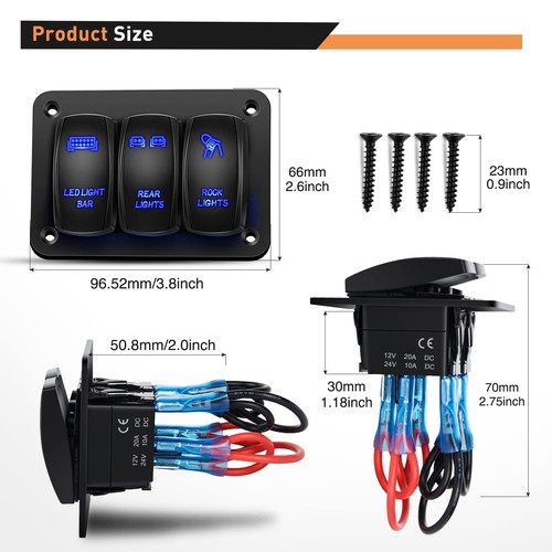 3 Gang Blue LED Waterproof Rocker Switch Panel Breakers Car Marine Boat RV 12V - Foto 4 di 7